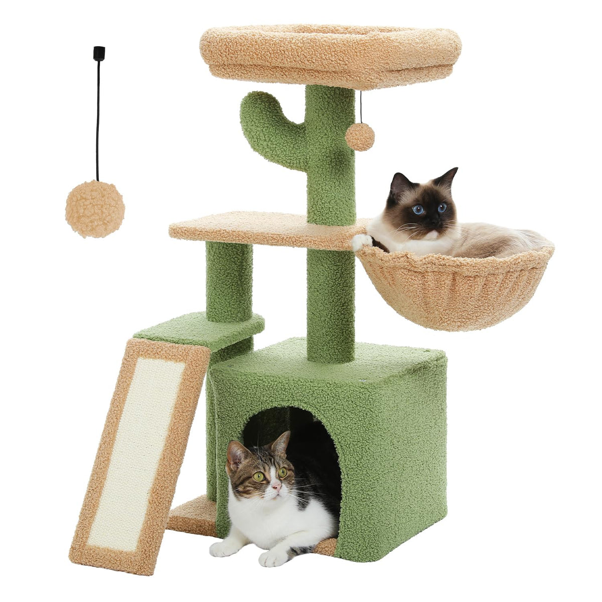 Cactus Cat Tree for Kittens & Small Cats, 32in Cat Tower,Green Compact 4-In-1: Sisal Ramp, Cozy Hammock, Condo & Washable Top Bed; For Kittens & Small Indoor Cats