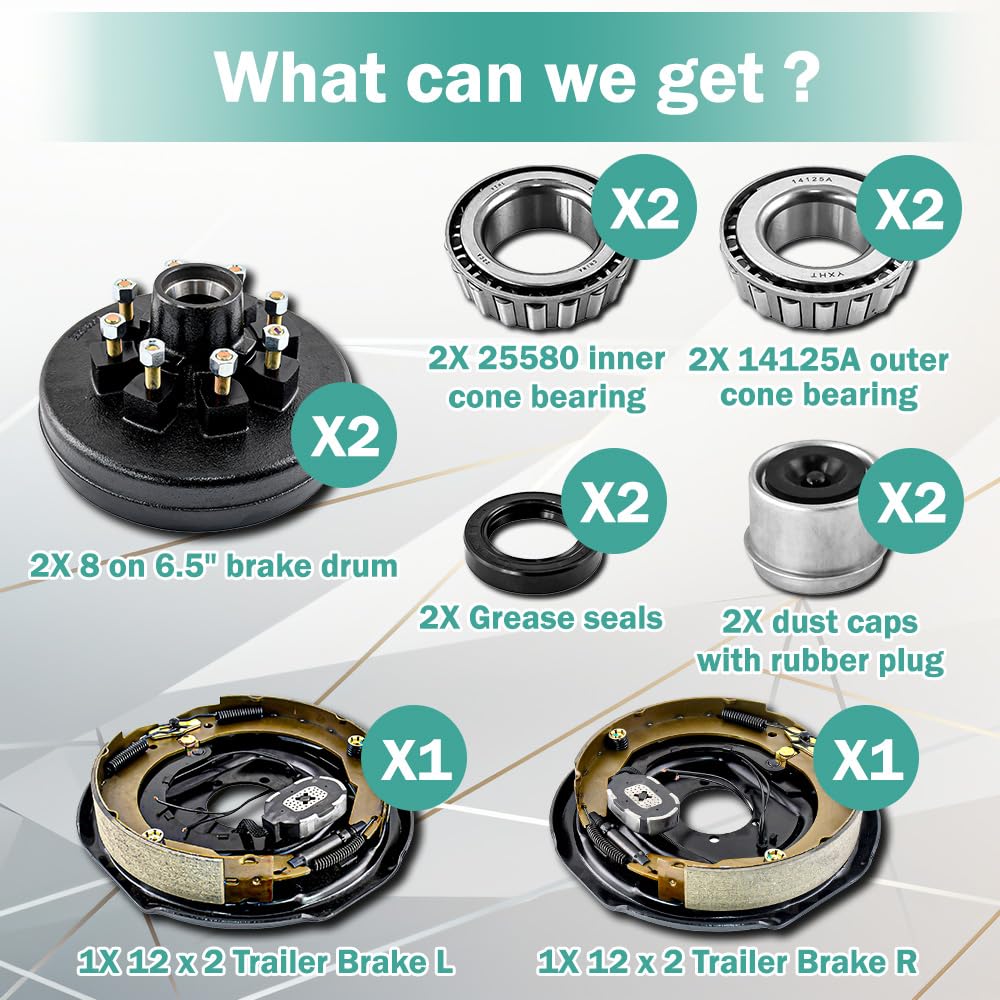 Trailer Hub Drum Kit 8 on 6.5" B.C. with 12" x 2" Electric Brakes for 7000 lbs Axle Heavy Duty Trailer Hub and Brake Kit