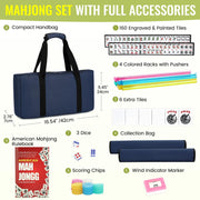 American Mahjong Tile Set,166 White Tiles Mahjong Set,4 Colors Mahjong Racks,Travel Mahjong Set with Blue Carrying Bag