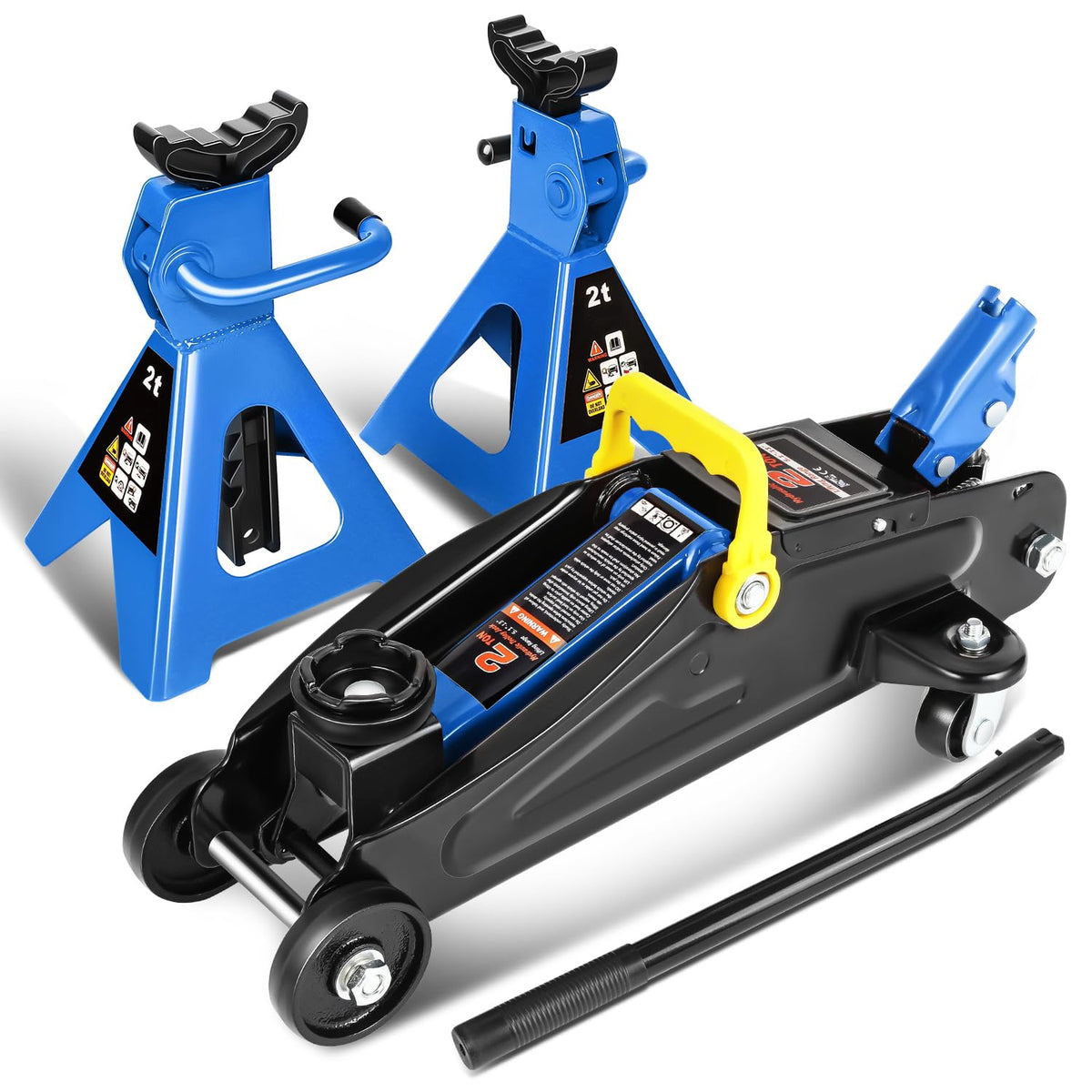 Low Profile Hydraulic Trolley Service/Floor Jack Combo with 2 Ratchet Jack Stands, 2 Ton (4000 lbs) Capacity, Blue, PM-TOL-FJ3P-BL