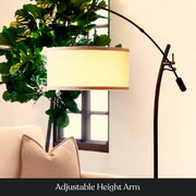 Grayson LED Floor Lamp, Modern Arc Lamp with Linen Shade for Office & Living Room, Tall, Height Adjustable Industrial Standing Lamp for Bedroom Reading, Over The Sofa - Bronze
