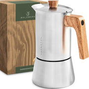 Stainless Steel Moka Pot (10oz) - Toxic Free Moka Pot with Oak Wood Handle - Stovetop Espresso Maker - Italian Coffee Maker for Stovetop and Induction