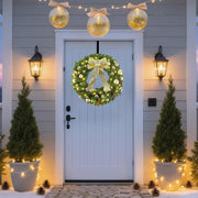 21" Lighted Christmas Wreath with Metal Hanger, Pre-lit Xmas Folded Wreath with LED Lights, Golden Bow & Balls, Battery Operated & Timer for Front Door Gate Wall Holiday Party Decor