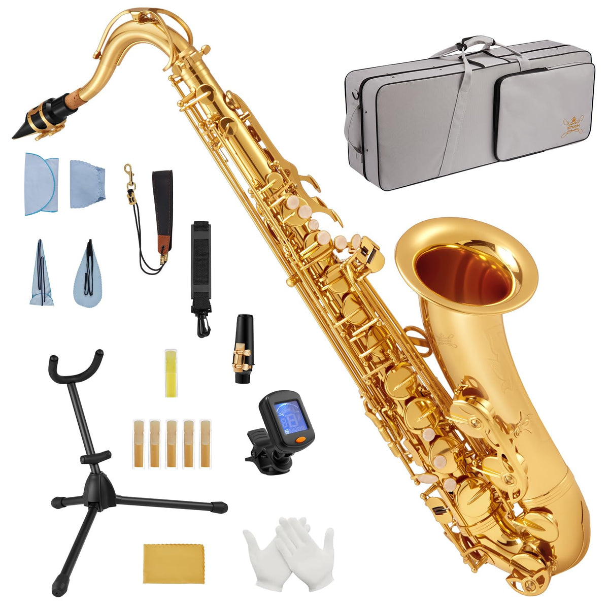 Bb Tenor Saxophone for Student Beginner, Brass Tenor Sax Kit with Hard Case Stand Neck Strap Mouthpiece and Reeds for Band School, STS-130G, Gold