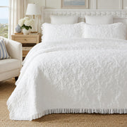White Botanical Cotton Quilt Set King Floral Stitched Quilts 3PC