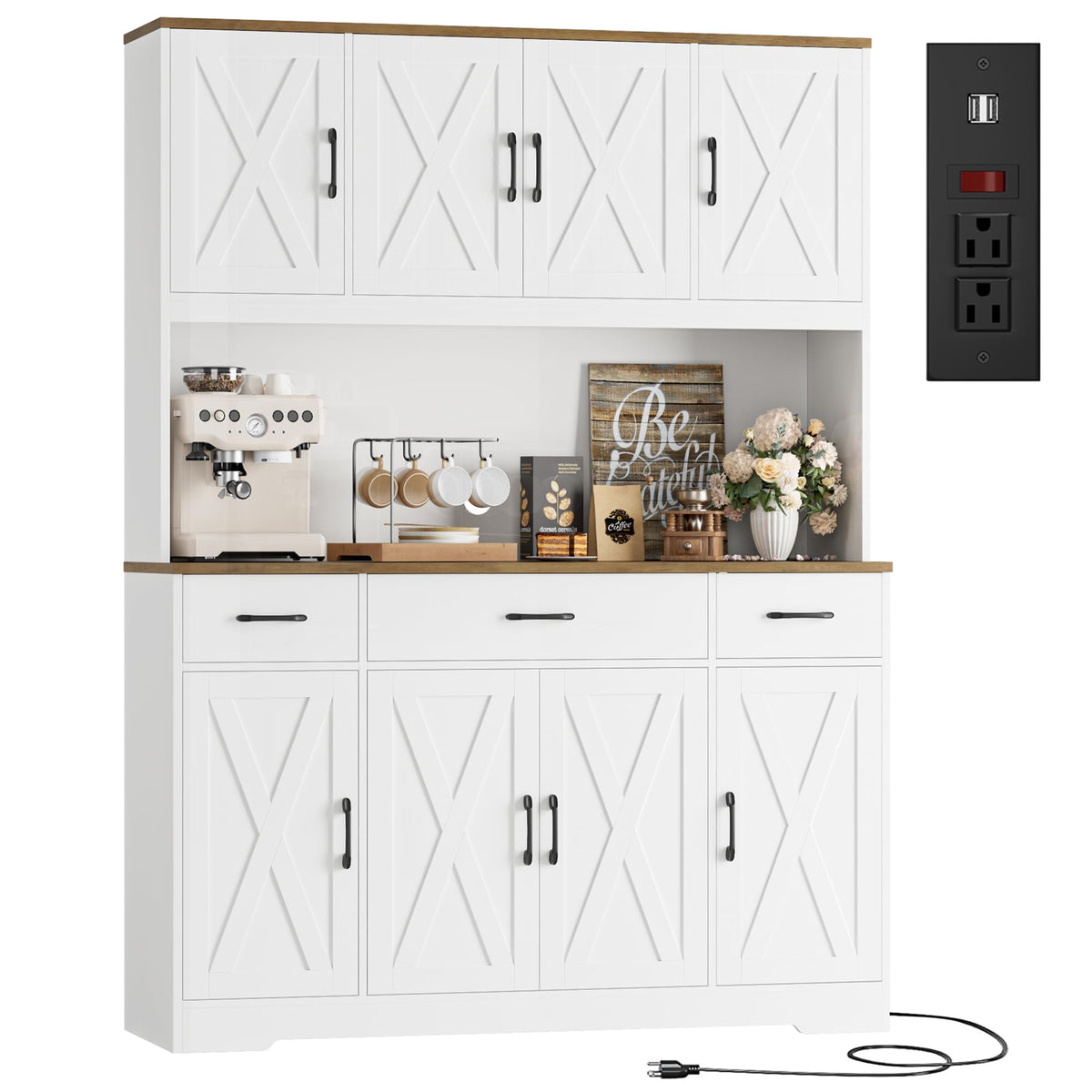 71" Tall Kitchen Pantry Storage Cabinet, 55" W Kitchen Hutch, White Large Pantry Cabinet with Charging Station / Countertop / 3 Drawers, Farmhouse Hutch Cabinet with Storage for Dining Room