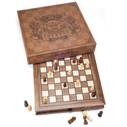 Magnetic Wooden Chess Set, 12.8" x 12.8" Walnut Chess Board Game with 2 Built-in Storage Drawers - 2 Bonus Extra Queens - Chess for Beginner, Kids and Adults, Gift Packaging