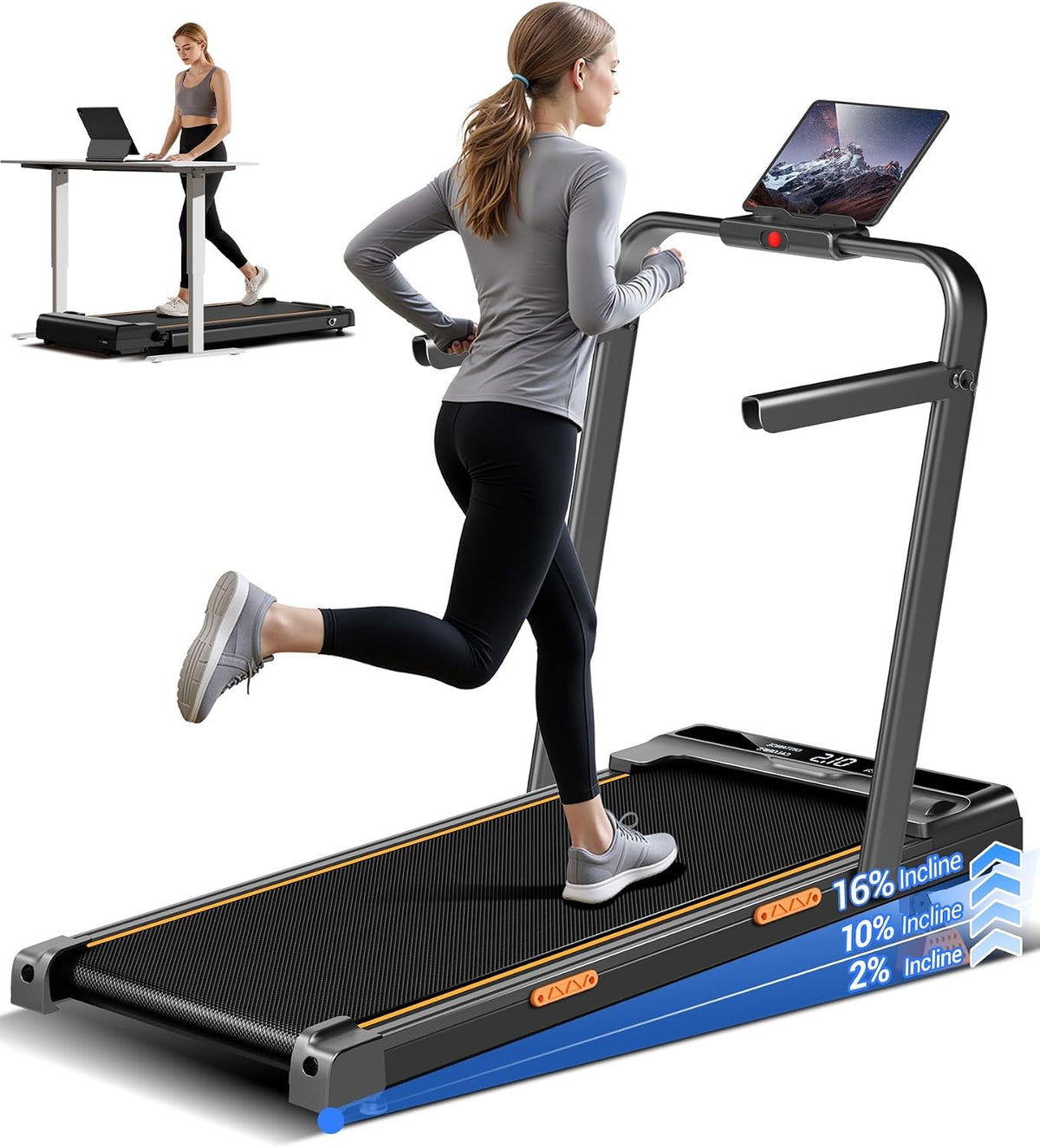 16% Walking Pad Treadmill with Incline, Foldable Treadmill with Handle Bar