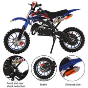 49cc 2-Stroke Kids Dirt Bike, Gas Power Motocross, Off Road Mini Motorcycle, Children Pocket Motorbike with Front Rear Disc Brakes, Pull Start Trail Bike,Up to 25MPH (Blue)