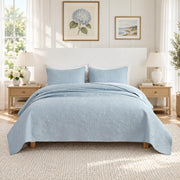White Botanical Cotton Quilt Set King Floral Stitched Quilts 3PC