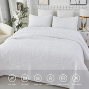 White Botanical Cotton Quilt Set King Floral Stitched Quilts 3PC