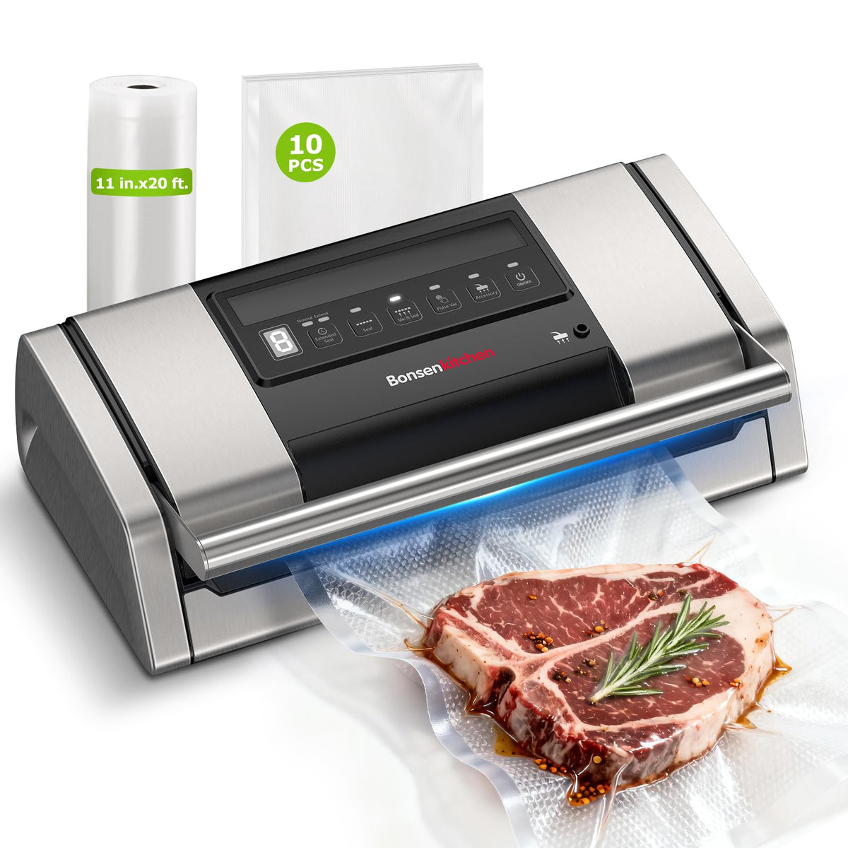 Vacuum Sealer for Food, Easy-Lock Handle with Digital Timer Built-in Cutter & Bag Storage for Sous Vide, Vacuum Sealer Machine Suitable for Dry & Moist Food Types, 1 Roll & 10 Bags