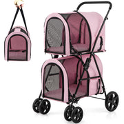 Double Pet Stroller with 2 Detachable Carrier Bags, Safety Belt, 4 Lockable Wheels, Folding Cat & Dog Stroller for Small Medium Pets, Cats Dogs Puppy Travel Strolling Cart (Pink)