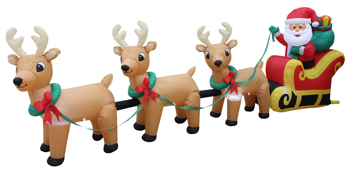 12 FT Long Lighted Christmas Inflatable Santa on Sleigh with 3 Reindeers Lighted Inflatable, Holiday Yard Decoration, Weather-Resistant Blow-Up