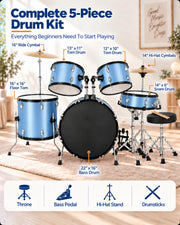 22-Inch Adult Drum Set, 5-Piece Full Size Acoustic Drum Set with Cymbals, Pedal, Drumsticks, Adjustable Stool & Stands – Complete Drumset for for Beginners, Adults, Teens & Students – Blue