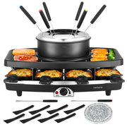 Electric Raclette Grill With Fondue Pot, 1100W Table Grill for 8 Peopl 3-In-1 Raclette, Fondue And Grill Design, 1100W Heating, 8 Serving Pans, Adjustable Temperature for Indoor Gatherings