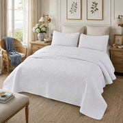 White Botanical Cotton Quilt Set King Floral Stitched Quilts 3PC