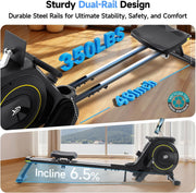 16-Level Dual-Rail Magnetic Rowing Machine, App-Ready Monitor, Standard Seat, Black, 350 lb Capacity