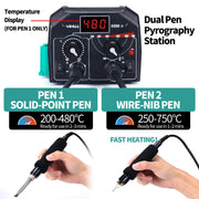 939D-II Pyrography Pen Wood Burning Kit Station 2-in-1 Solid-Point 200~480°C (with Temp Display)/Wire-Nib 250~750°C with 20 Nibs, Solid Points, 1 Stable Pen Holder, 2 Scrap Wood (Green)