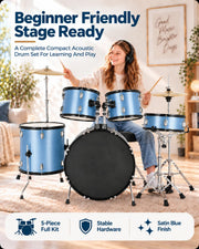 22-Inch Adult Drum Set, 5-Piece Full Size Acoustic Drum Set with Cymbals, Pedal, Drumsticks, Adjustable Stool & Stands – Complete Drumset for for Beginners, Adults, Teens & Students – Blue