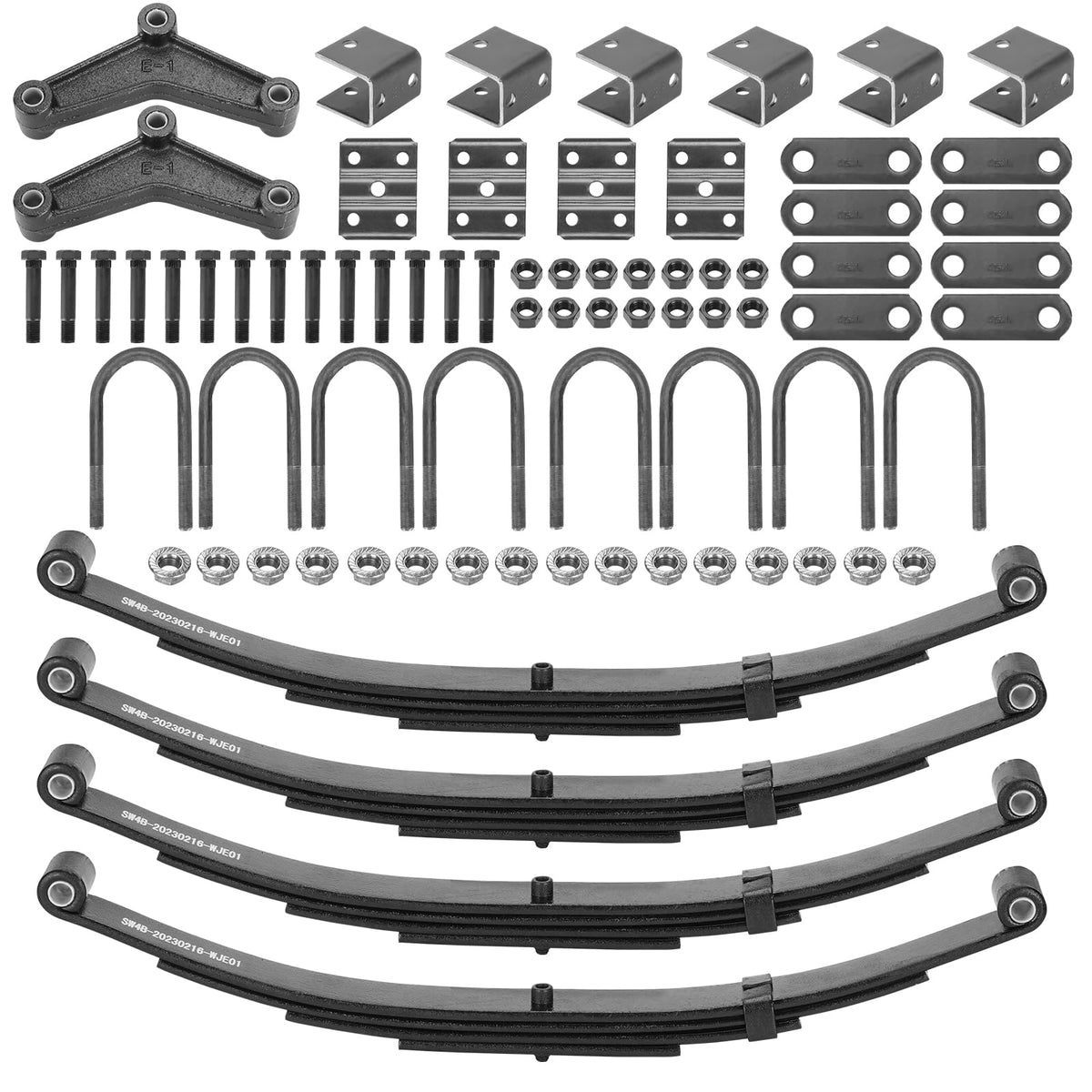 Tandem Trailer Leaf Spring 4 Leaf Double Eye 1750 lbs Cap for 3500 lbs Axle Suspension, Hanger & U-Bolt kit 25-1/4" Length fits for SW4B, for Round Trailer Axles- Set 4