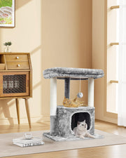 27IN Cat Tree for Indoor Cats Large Adult, Modern Activity Tower Scratching Posts, Condo with Plush Perch, Climbing Stand with Spring Ball for Play, Grey