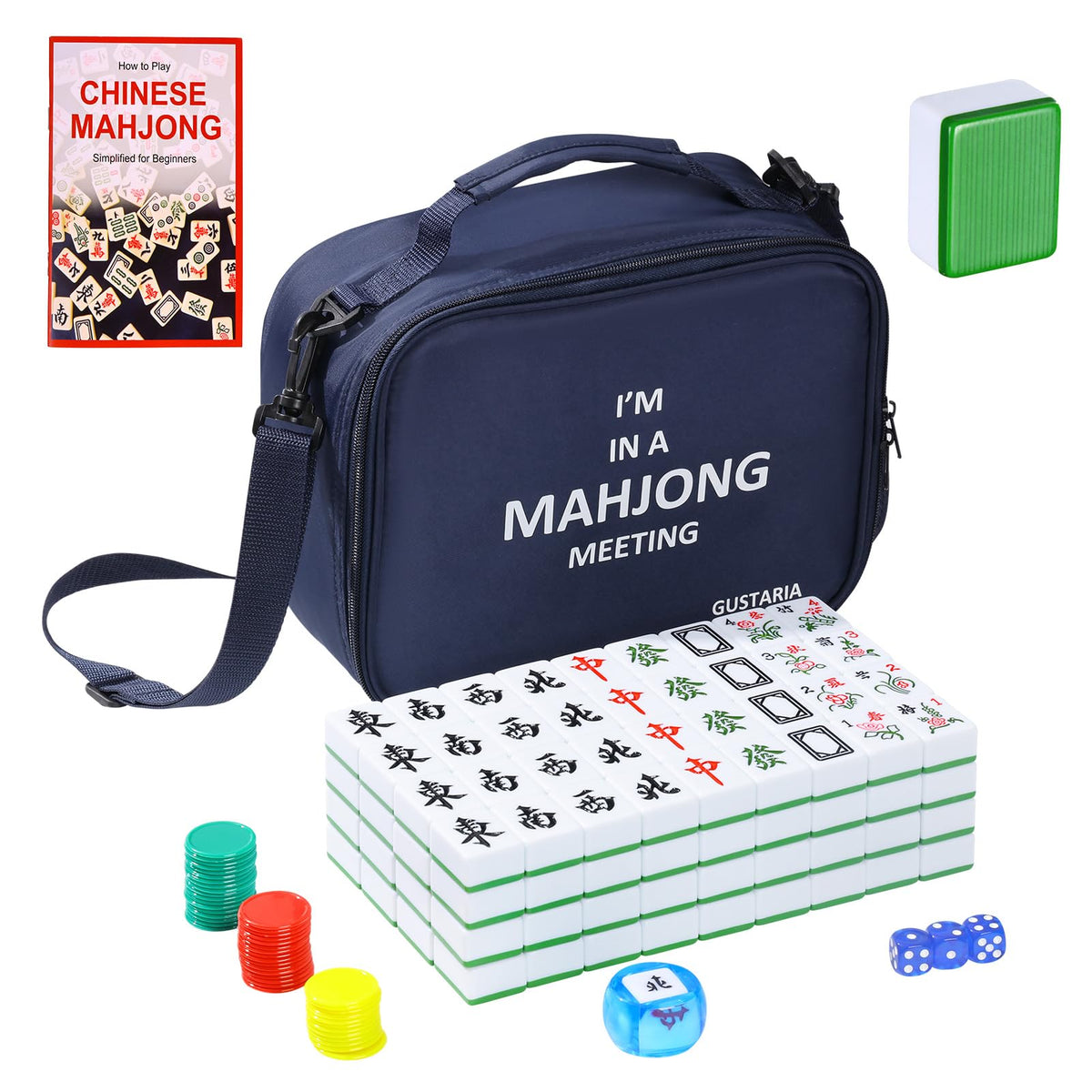 Chinese Mahjong Set, 1.65'' Large Size Tiles, Mahjong Game Set with 144 Green Tiles & Blue Carrying Bag