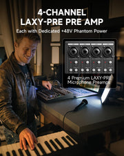 DAM-1000 10-Channel Analog DJ Audio Mixer Sound Board, with 4 Premium LAXY-PRE Microphone, 48V Phantom Power Preamps, BT 5.3, 48kHz 24Bit Sample Rate