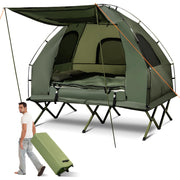 Tent Cot, 5-in-1 Folding Camping Cot with Mattress & Pillows, Sleeping Bags, Sunshade, Camping Tent Elevated with Carrying Bag for Outdoor Hiking, Fishing, Picnic (2-Person)