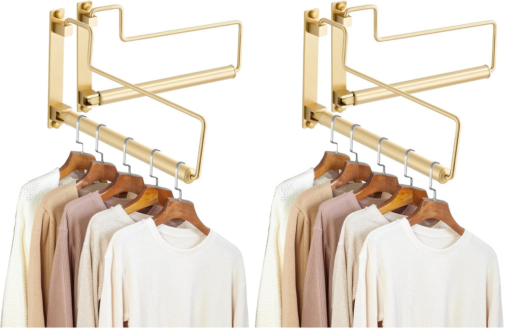 Clothes Drying Rack, Laundry Racks for Drying Clothes, Wall Mounted Swing Arm Clothes Hanger for Laundry Room, Garage, Indoor & Outdoor Use,Brushed Gold (Pack of 2)