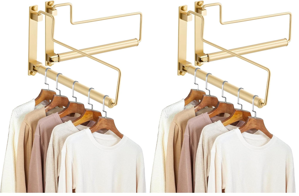 Clothes Drying Rack, Laundry Racks for Drying Clothes, Wall Mounted Swing Arm Clothes Hanger for Laundry Room, Garage, Indoor & Outdoor Use,Brushed Gold (Pack of 2)