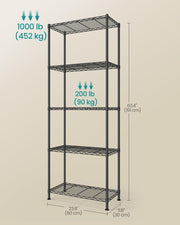 5-Tier Storage Shelves, Adjustable Wire Shelving Unit, 8 Hooks Kitchen Metal Rack, Shelf Liners, for Garage, 11.8 x 23.6 x 63 Inches, Ink Black, DALTEN Collection ULGR165BH01