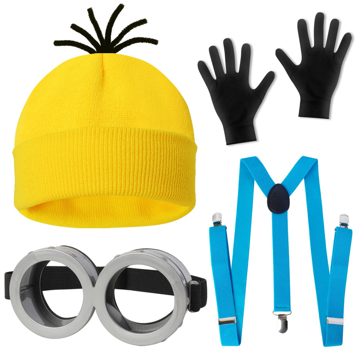 CONGRU 4 Pcs Halloween Costume for Adults,Yellow Hat/Goggle/Glove/Suspender | Halloween Easy Costuem in One Size Fits Most,Fa