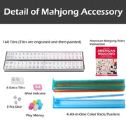 American Mahjong Game Set, 166 Premium White Tiles, 4 All-in-One Color Rack/Pushers, Complete Mahjong Set Blue Carrying Bag