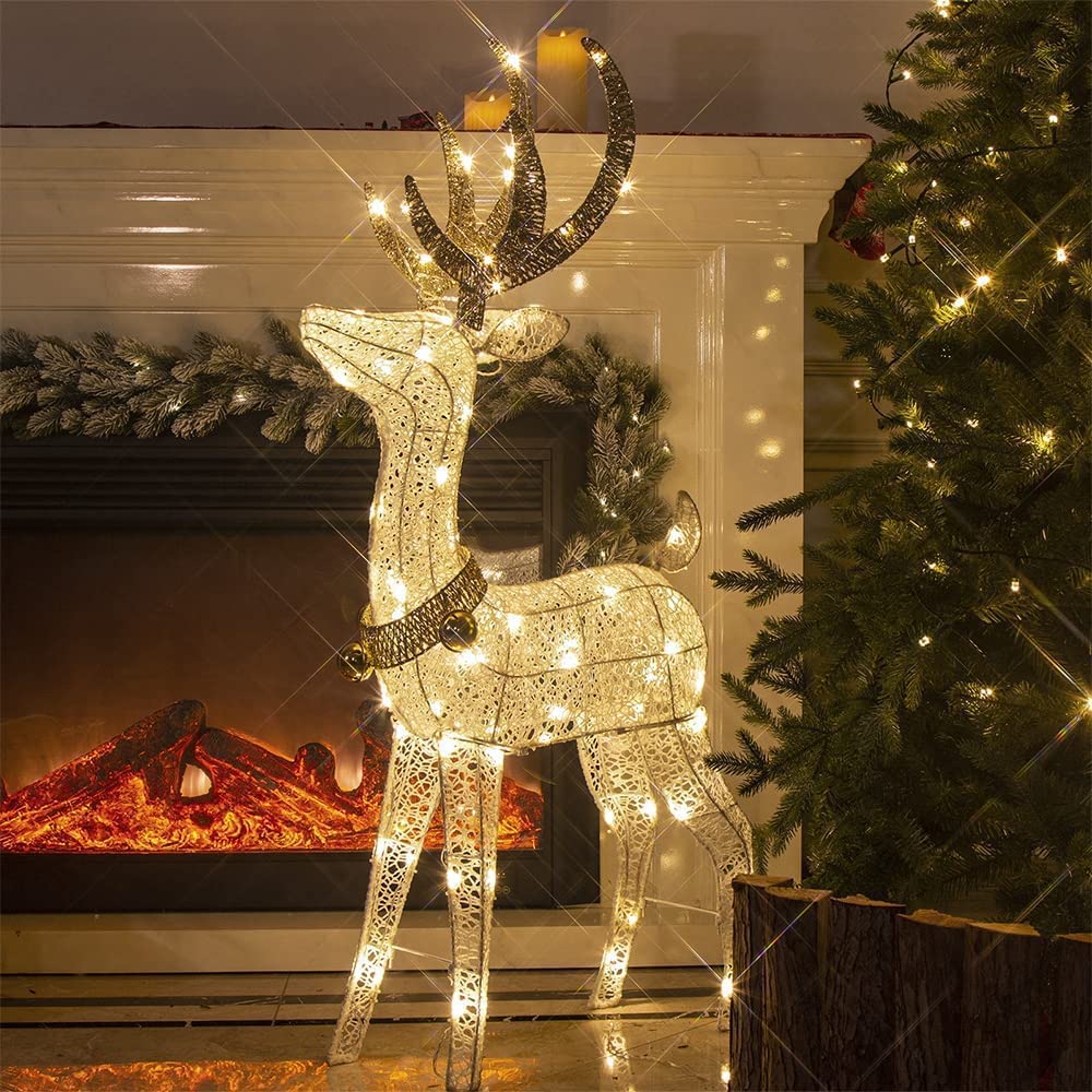 48” Pre-Lit Christmas Reindeer Outdoor Decorations Lighted Deer Glittering Light Up Deer with Gold Jingle Bell 70 LED Twinkle Lights Mesh Buck Deer for Home Lawn Yard Garden Indoor Decor