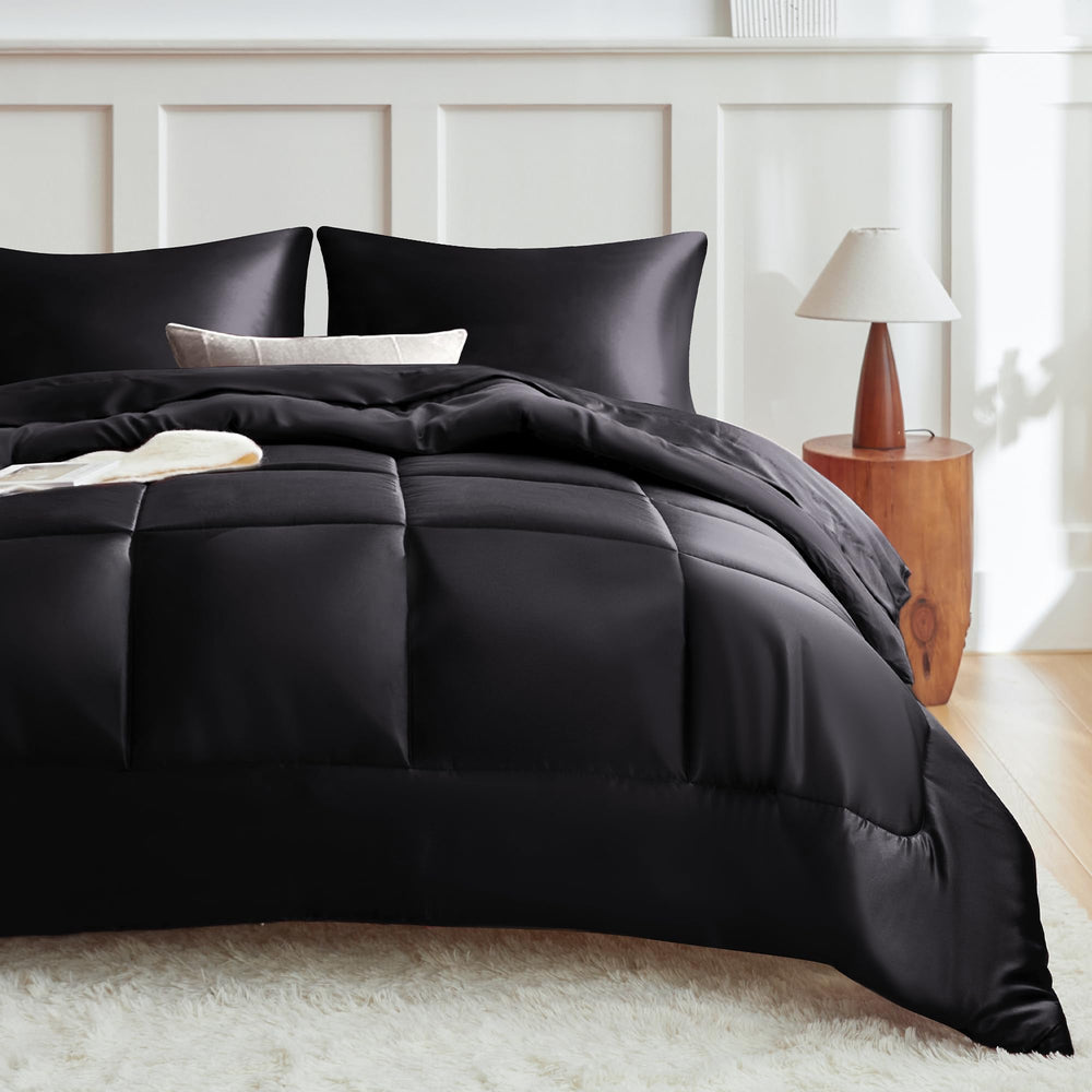 King Size Comforter Set Black, Reversible Satin Microfiber Comforter Set for All Seasons, 3 Pieces Non-Slip Silky Soft Bedding Sets with 1 Comforter (104"x90") and 2 Pillowcases (20"x36")