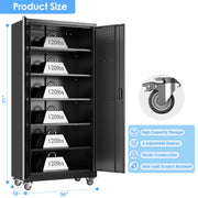 Black Metal Garage Storage Cabinet with Wheels, 34"W x 18"D x 71"H Assembly Required,5 adjustable shelves; 4 lockable casters and lockable doors organize tools and supplies