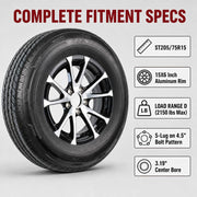 2-Pack Radial Trailer Tire Rim Assembly ST205/75R15 5 Lug Black