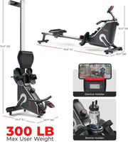 16-Level Magnetic Rowing Machine with Extended Slide Rail, App-Ready Monitor, Wide Seat, Black, 350 lb Capacity