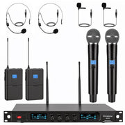4-Channel Wireless Microphone System, Quad UHF Metal Cordless Mic, 2 Handheld Mics, 2 Bodypack Mics, Long Distance150-200Ft, Fixed Frequency, 16 Hours Use for Karaoke Singing, Church