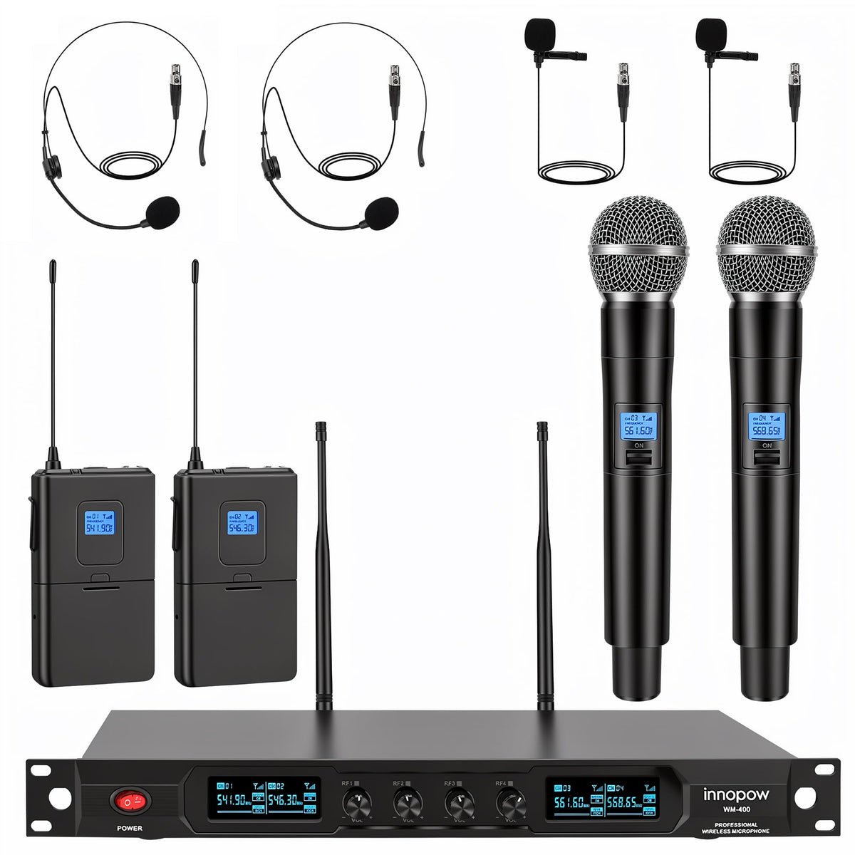 4-Channel Wireless Microphone System, Quad UHF Metal Cordless Mic, 2 Handheld Mics, 2 Bodypack Mics, Long Distance150-200Ft, Fixed Frequency, 16 Hours Use for Karaoke Singing, Church