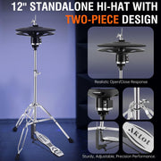 Acoustic-Style Electric Drum Set: Independent 16’’ Wooden Bass Drum and 12’’ Snare, Triple-Zone Ride Cymbal, Standalone Hi-Hat, Full Mesh Pads, 460 Sounds, USB MIDI, Throne, Sticks, Black