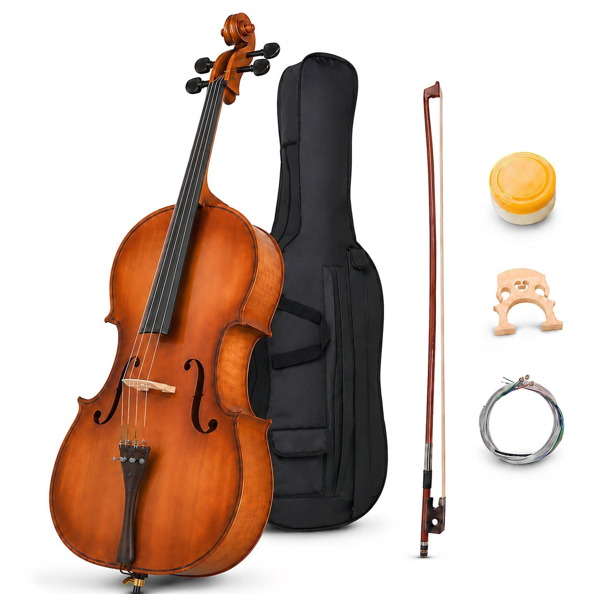 Cello 4/4 Full Size, Beginner Cello Instrument for Adults, Acoustic Cello Set with Padded Bag, Extra Strings, Bridge, Bow & Rosin – for Lessons, Home Practice & School Orchestra, Matte Natural