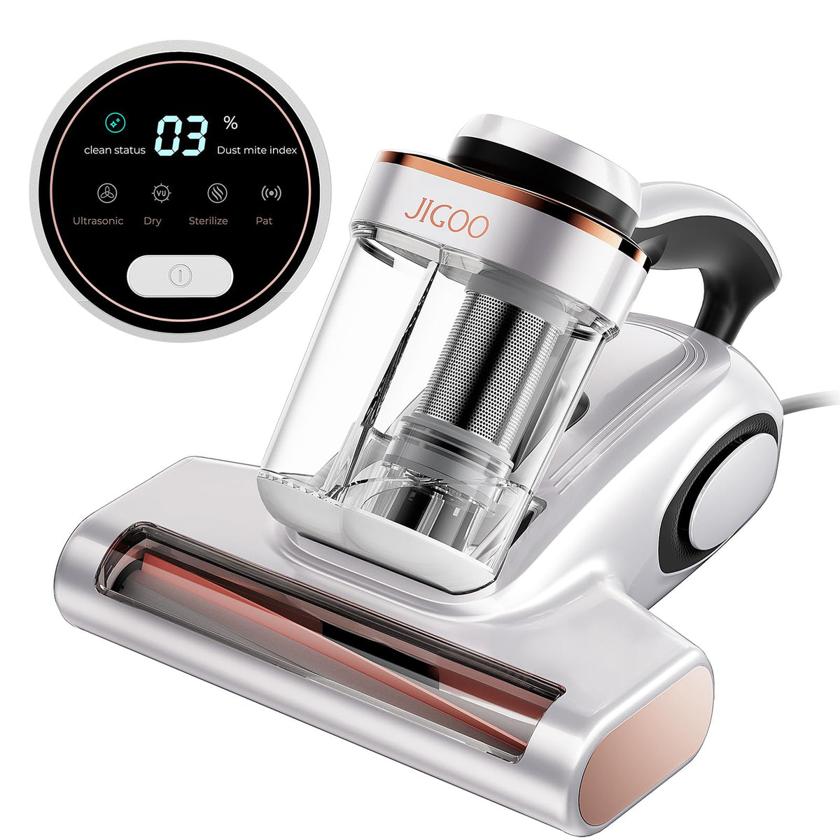 J300 Bed Vacuum Cleaner, Dust Sensor, Pet Hair, UV and Heat, Corded Mattress vacuum cleaner with 500W motor, 13Kpa suction, UV-C light and 130°F heat for pet hair on beds, sofas, White