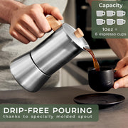Stainless Steel Moka Pot (10oz) - Toxic Free Moka Pot with Oak Wood Handle - Stovetop Espresso Maker - Italian Coffee Maker for Stovetop and Induction