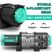 4500lbs ATV/UTV Winch with Synthetic Rope, Electric Boat Trailer Winch 12V, Waterproof Winch with 2 Wireless Remotes &Wired Switch,with Mounting Plate,Aluminium Fairlead