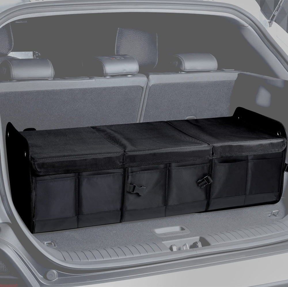 1680D 114L Extra-Large Collapsible Car Trunk Organizer with Lid Water-repellent Oxford, rigid PP panels, 3 sections, 4 dividers, up to 22 storage areas, hook-and-loop base & anchor straps