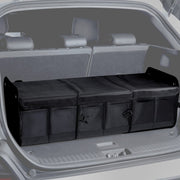 1680D 114L Extra-Large Collapsible Car Trunk Organizer with Lid Water-repellent Oxford, rigid PP panels, 3 sections, 4 dividers, up to 22 storage areas, hook-and-loop base & anchor straps