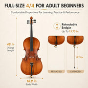 Cello 4/4 Full Size, Beginner Cello Instrument for Adults, Acoustic Cello Set with Padded Bag, Extra Strings, Bridge, Bow & Rosin – for Lessons, Home Practice & School Orchestra, Matte Natural