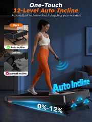Walking Pad Treadmill with Auto Incline 12%-12Level, Quiet BLDC EvoDrive